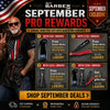 Promotional banner for Barber.com offering September exclusive free gifts, featuring a tattooed man in sunglasses on the left and four product deal cards on the right showcasing different barber tools with order thresholds.