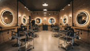 Professional barbershop interior with styling stations, barber chairs, and organized tool trolleys