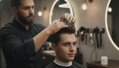 Barber applying professional hair styling powder to a client's roots in a modern barbershop