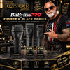 Alt text: BaBylissPRO CoreFX Black Series clipper, trimmer, and double-foil shaver with upgraded blades, BuyBarber.com branding, and barber character.