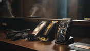 Professional hair clipper, T-blade trimmer, and foil shaver arranged on a dark barber station