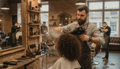 Barber diffusing a client's curly hair with a diffuser attachment in a barbershop