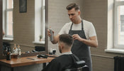 Barber applying finishing hair spray to a man's textured hairstyle