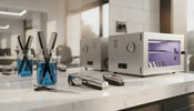 Professional barber tools including Barbicide jar, UV sanitizer cabinet, and autoclave machine in a modern barbershop setting.