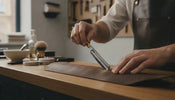 Professional barber tools and a straight razor on a leather strop for blade maintenance