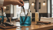 Barber disinfectant jar with tools submerged in blue solution on a barbershop counter
