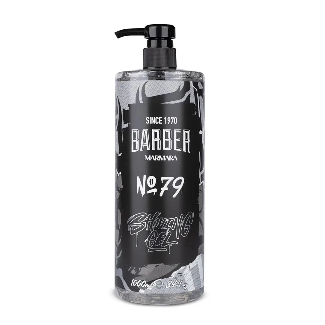 Bottle of Barber Marmara Shaving Gel with black pump on a white background