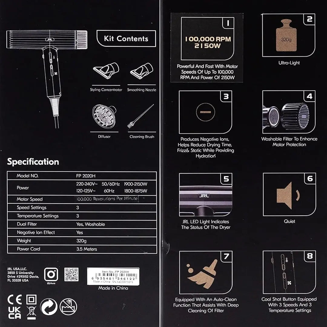 JRL Forte Pro Dryer – Professional Ionic Hair Dryer with Diffuser (Black) JRL