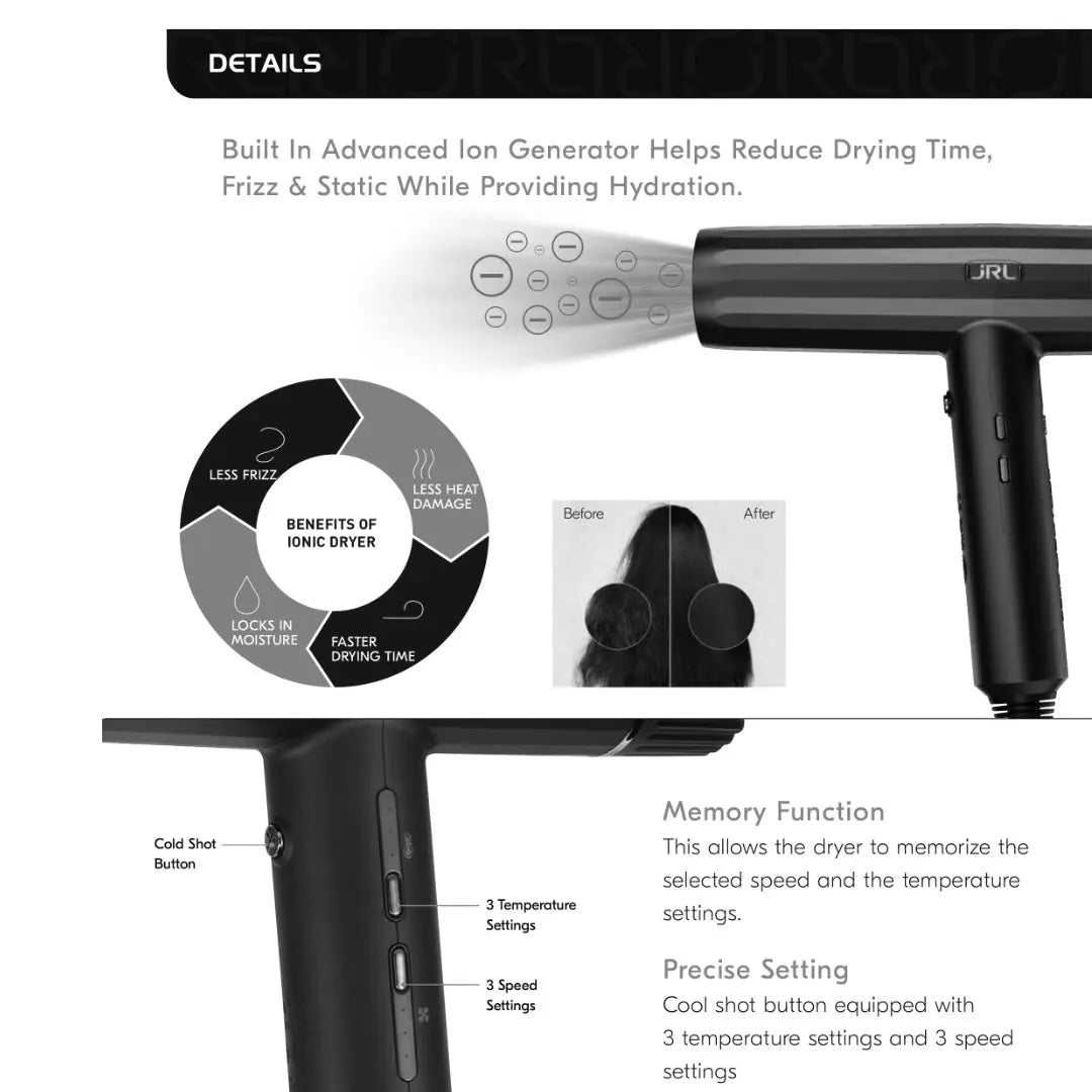 JRL Forte Pro Dryer – Professional Ionic Hair Dryer with Diffuser (Black) JRL