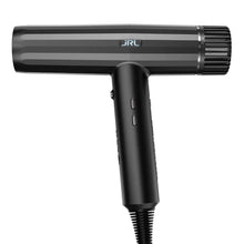A professional black ionic hair dryer with diffuser, showing the front view with the brand name JRL on the top.