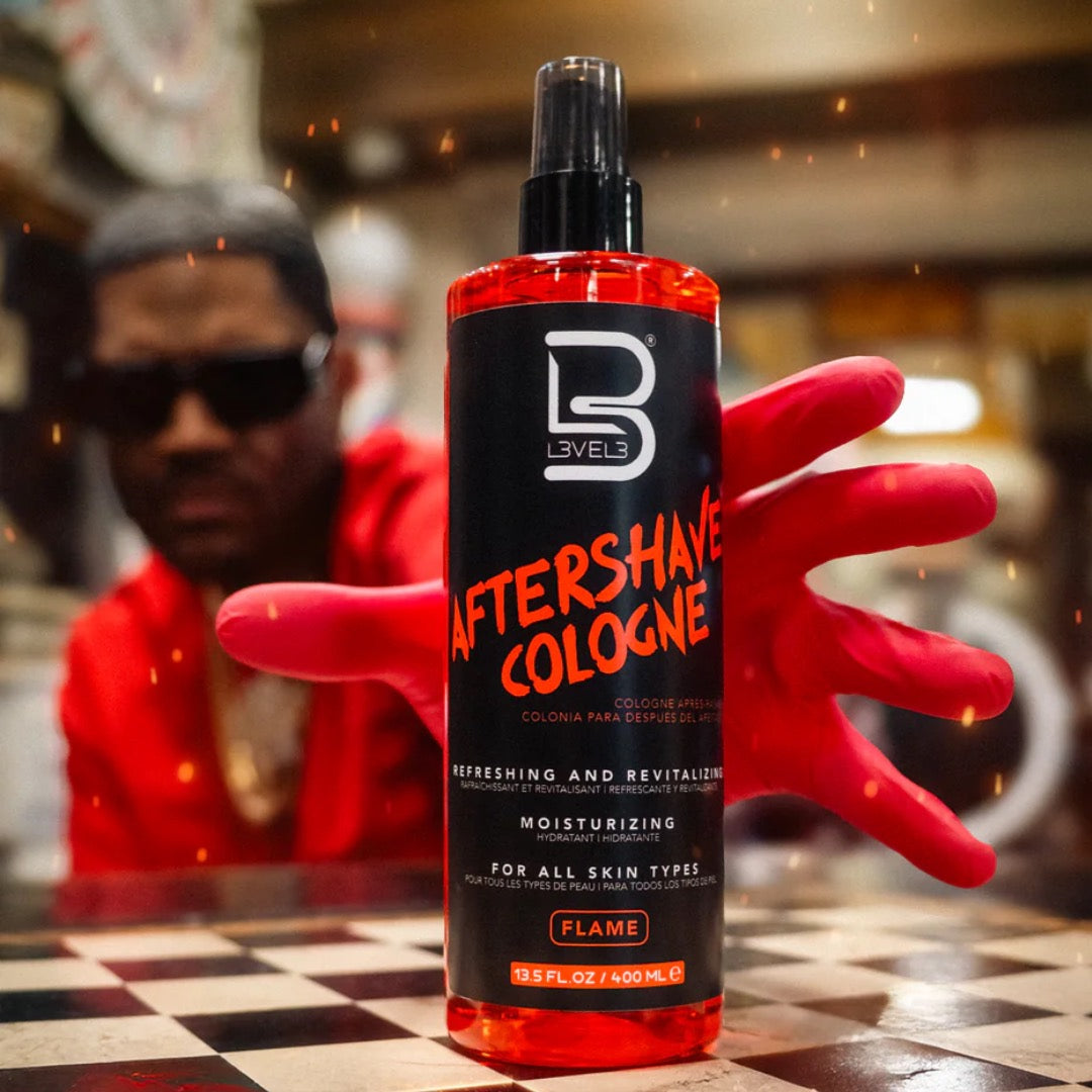 “Close-up of Level 3 Flame Cologne label reading ‘Moisturizes, Hydrates, Refreshes’.”