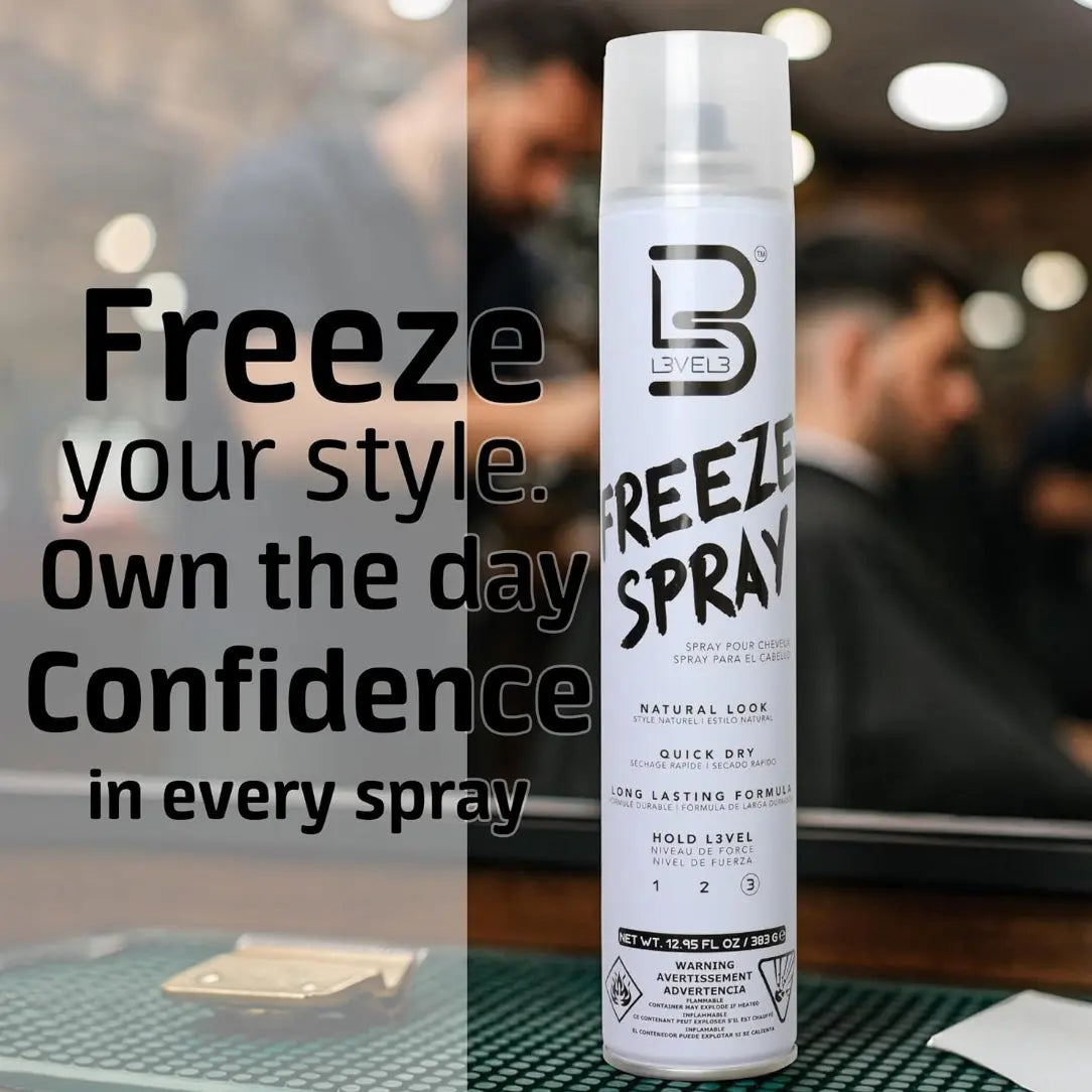Level 3 Hair spray can with text 'Freeze your style. Own the day. Confidence in every spray' on a blurred background.