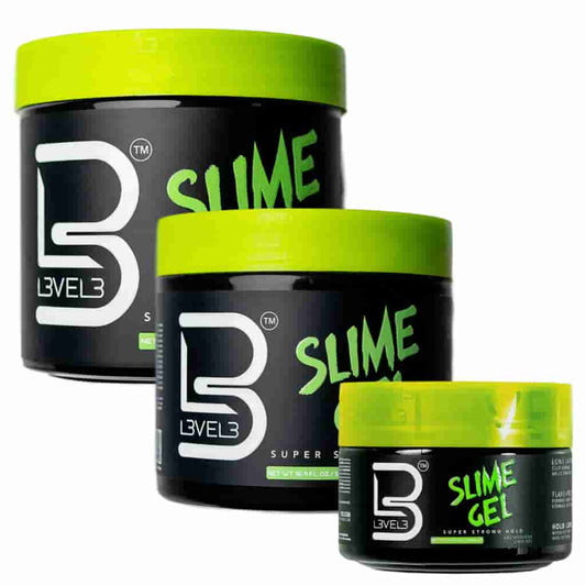 Level 3 Ultra-Hold Slime Gel container showcasing its barber-grade formula, enhanced with the nourishing properties of castor oil