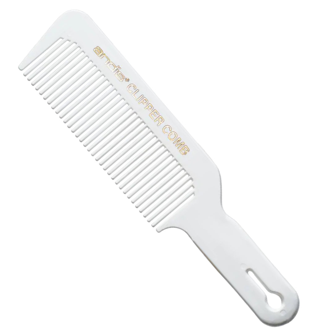 White comb with gold text on a white background