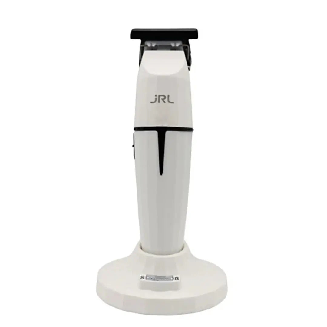 “Charging dock and JRL GHOST Cordless Hair Trimmer set, highlighting its sleek white design”