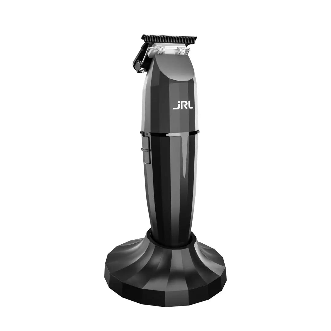 A professional cordless hair trimmer by ONYX, predominantly black in color, displayed on a stand.