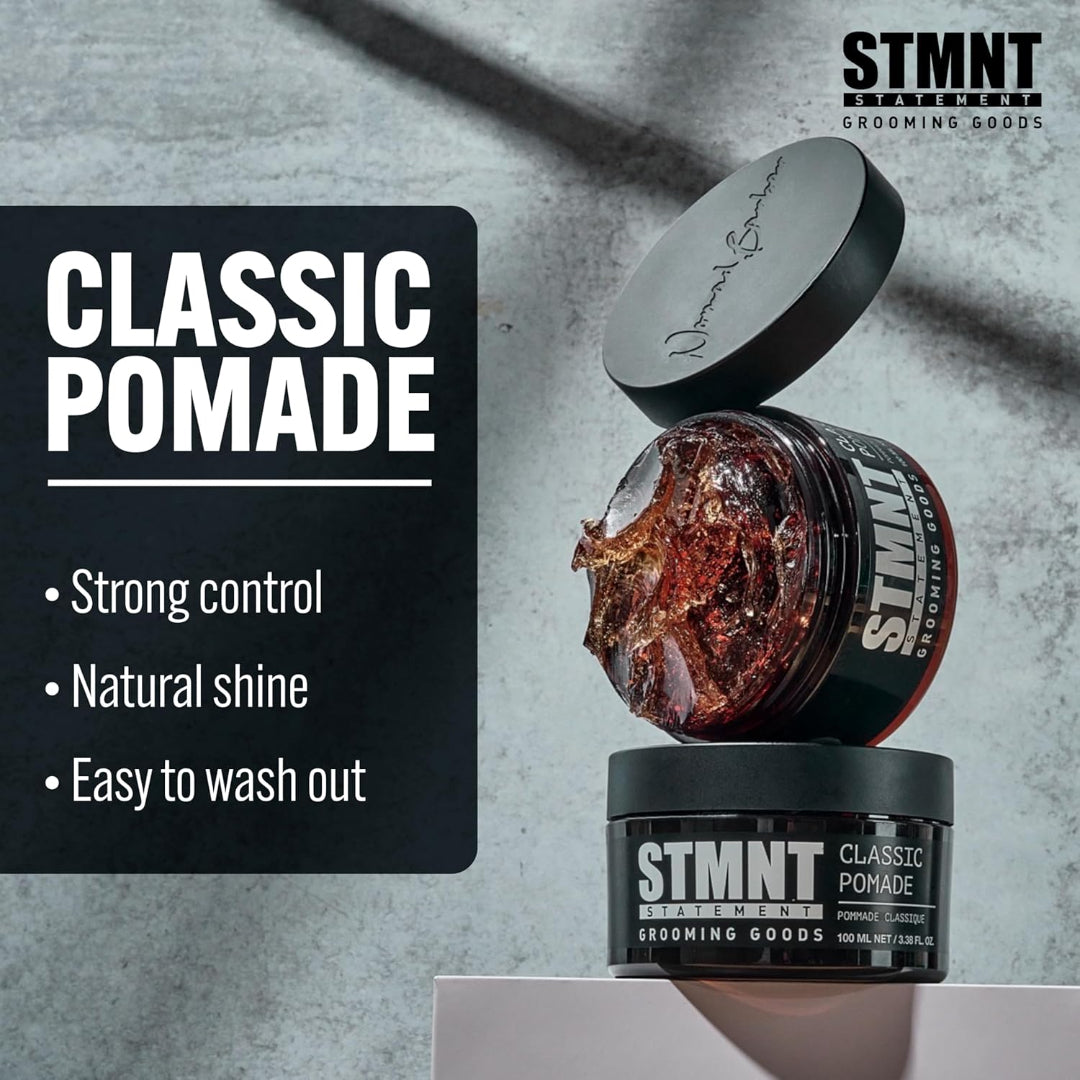 “Barber styling slick back with STMNT Classic Pomade for natural shine”