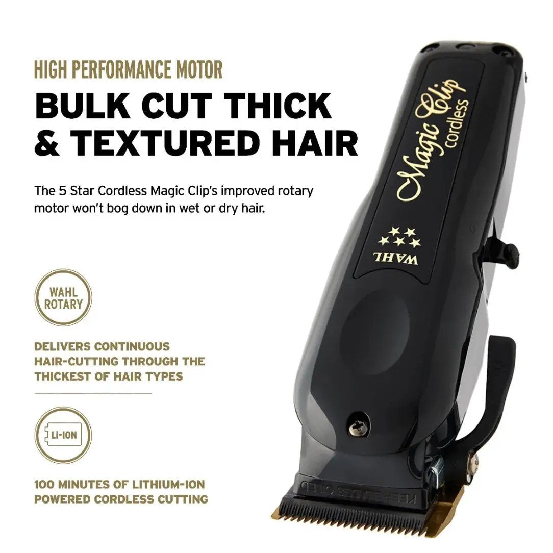 Wahl Magic Clip cordless hair clipper with text highlighting features on a white background