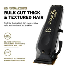 Wahl Magic Clip cordless hair clipper with text highlighting features on a white background
