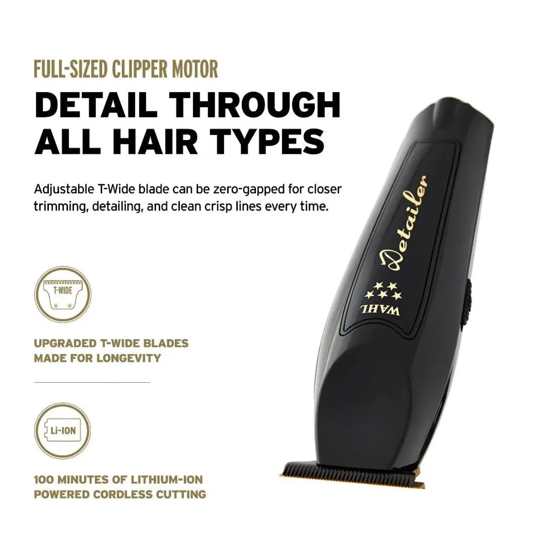 Black hair clipper with ' Wahl' branding on a white background, featuring text about its features.