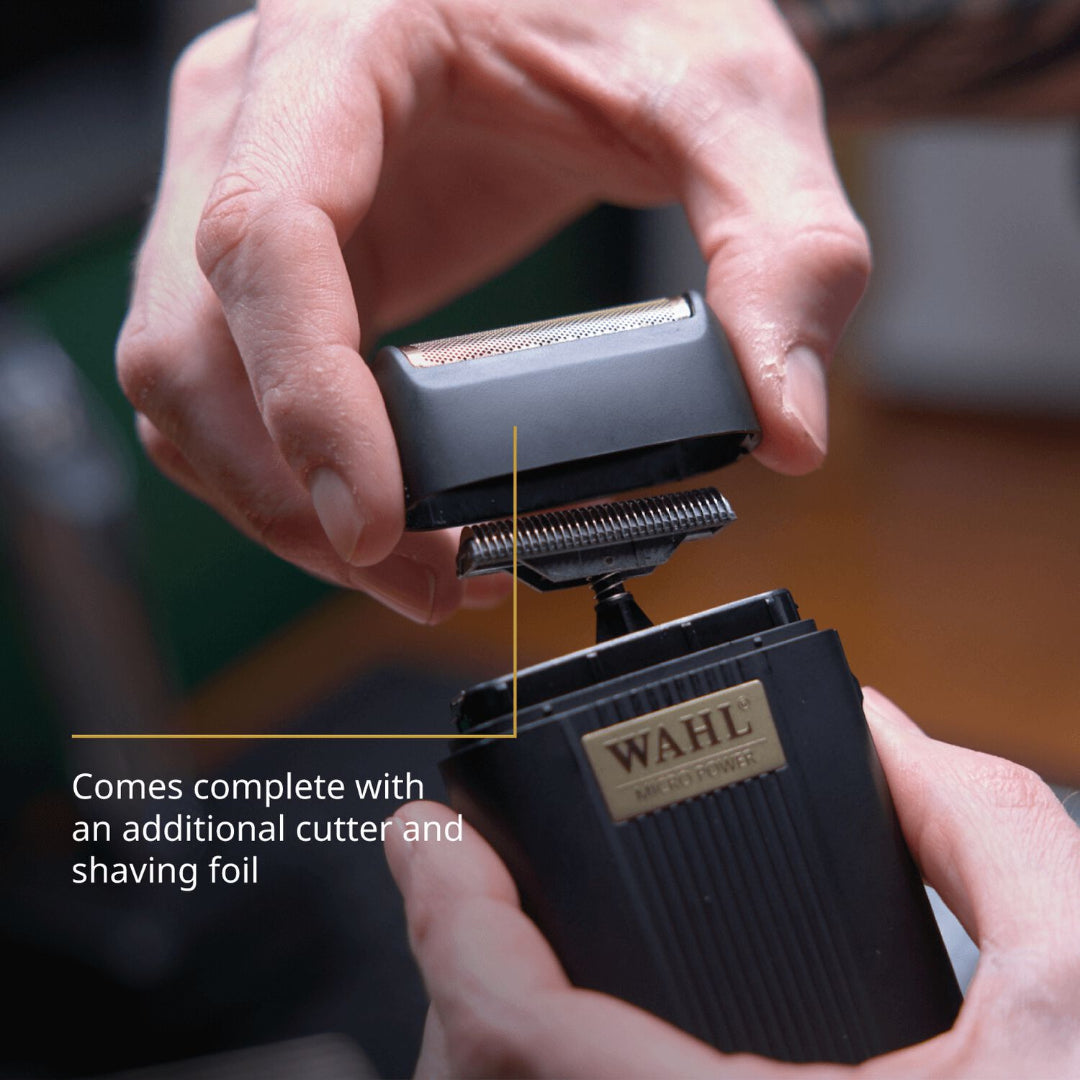 “Complete Wahl Micro Power kit: shaver, spare cutter & foil, USB-C cable, cleaning brush.”
