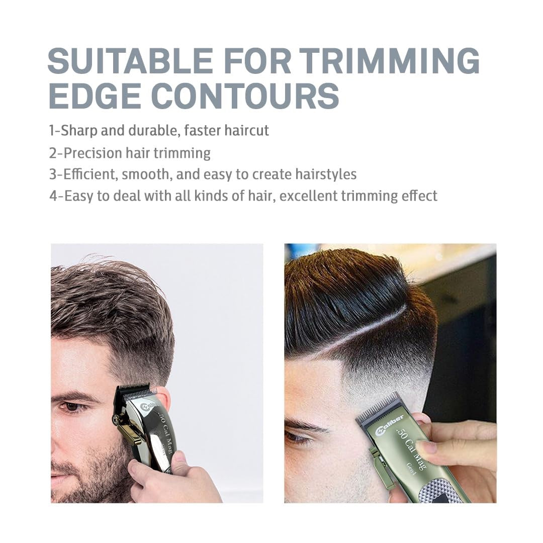 “Caliber .50 Cal clipper fitted with new DLC Blender blade cutting a fade.”