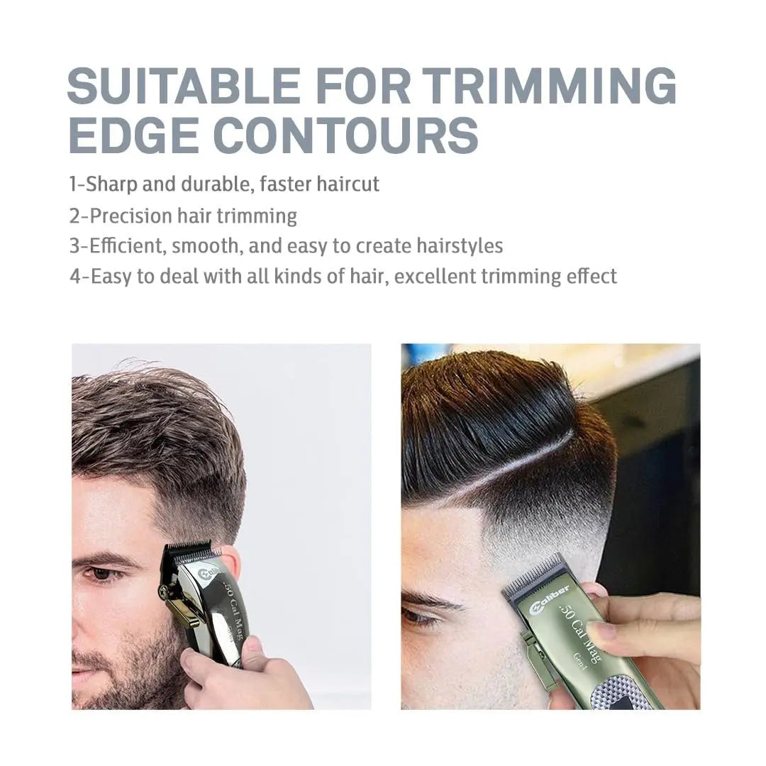 “Caliber .50 Cal clipper fitted with new DLC Blender blade cutting a fade.”