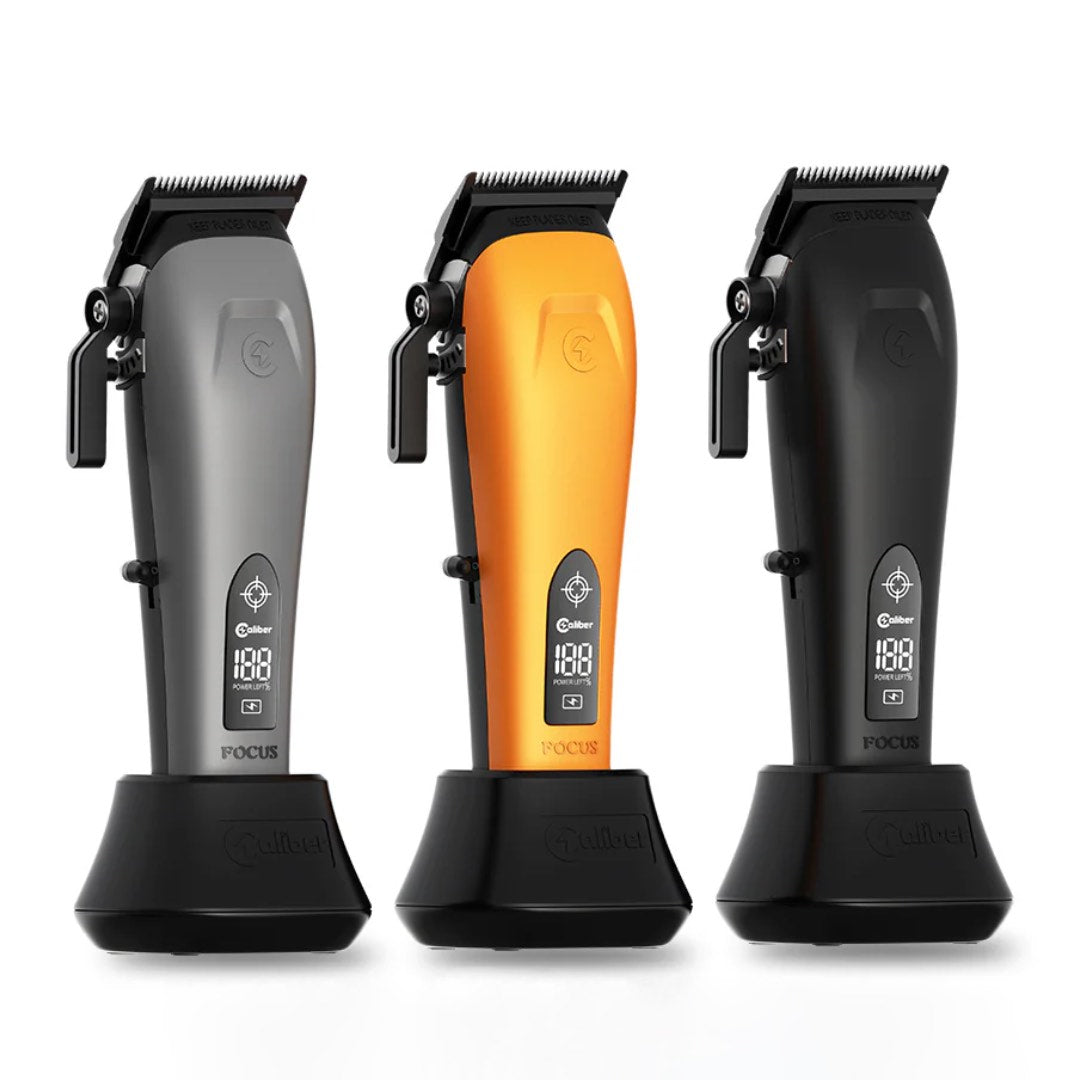 “Close-up of Double Black Blender DLC blades on Caliber Focus hair clipper.”