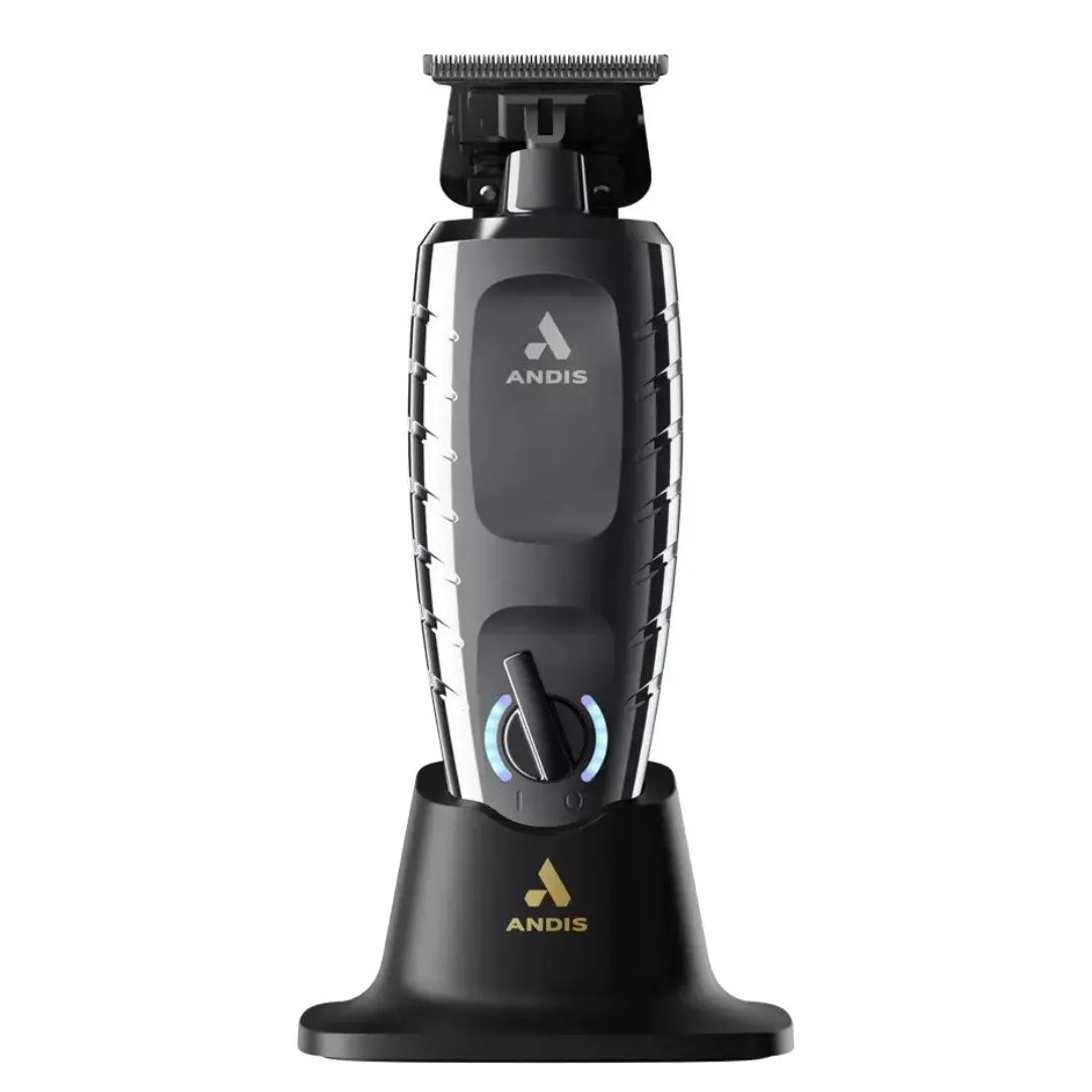 “Andis GTX‑EXO II trimmer front view on premium charging stand”