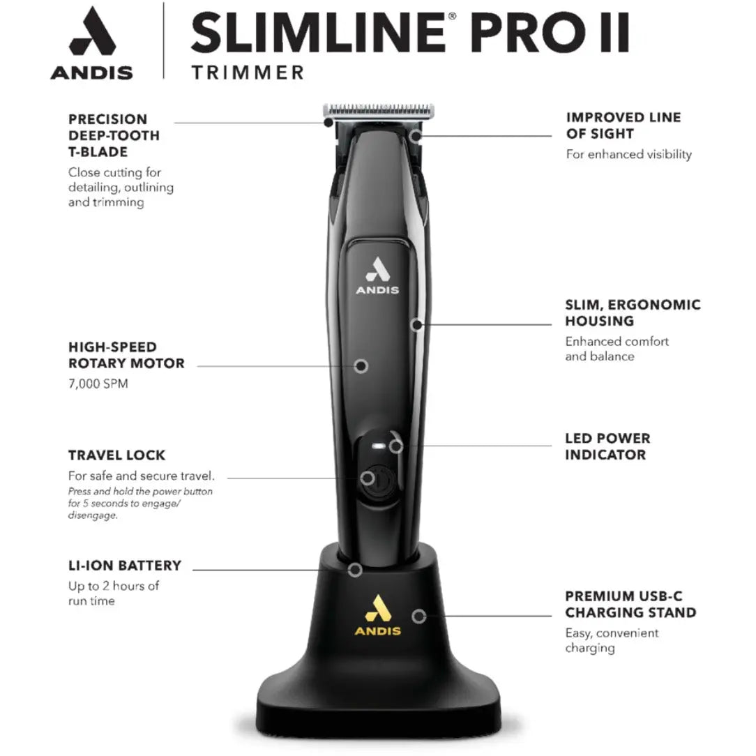 Andis Slimline Pro II Trimmer – Black Chrome, USB-C, 7,000 SPM