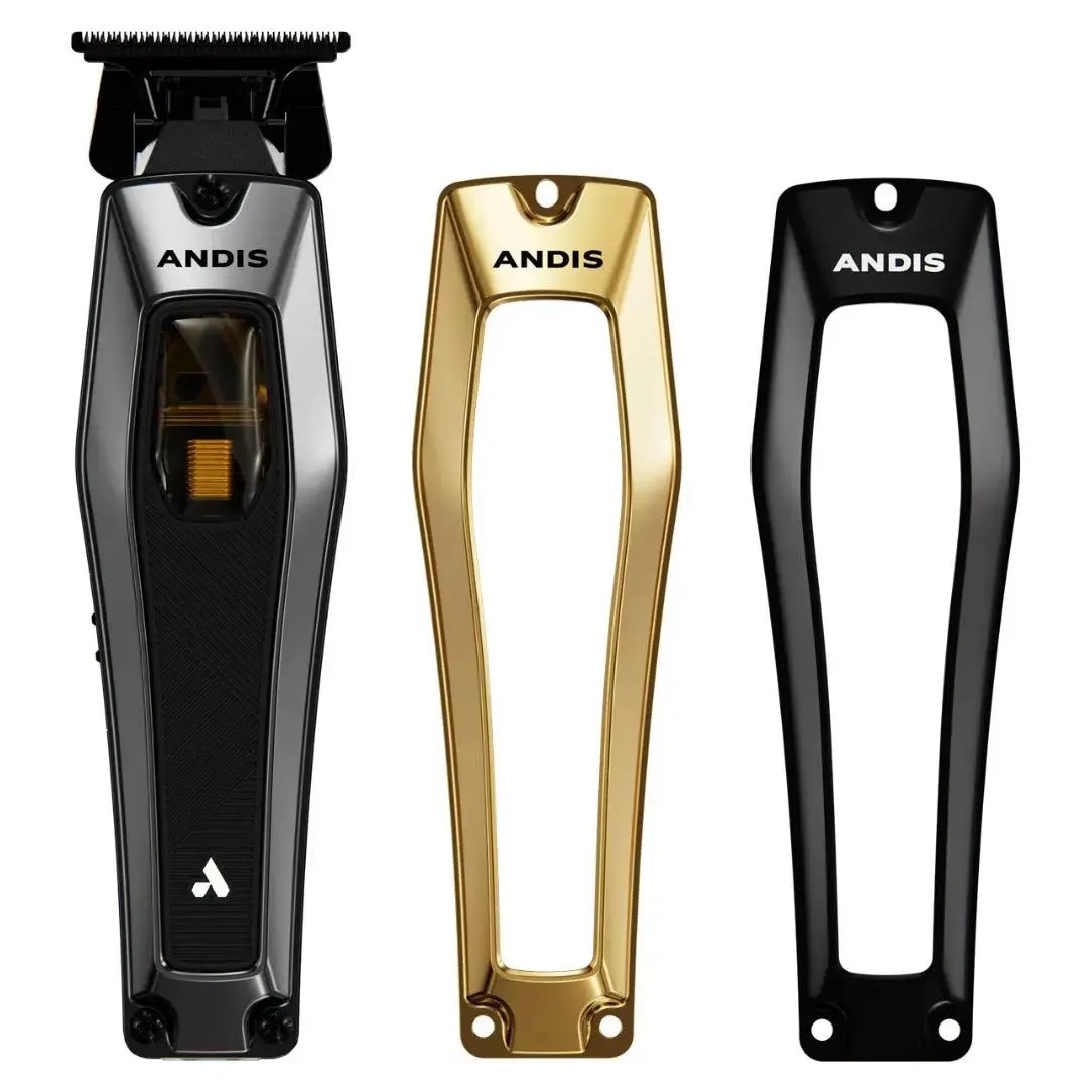 Three Andis Recon hair trimmers in black, gold, and black on a white background