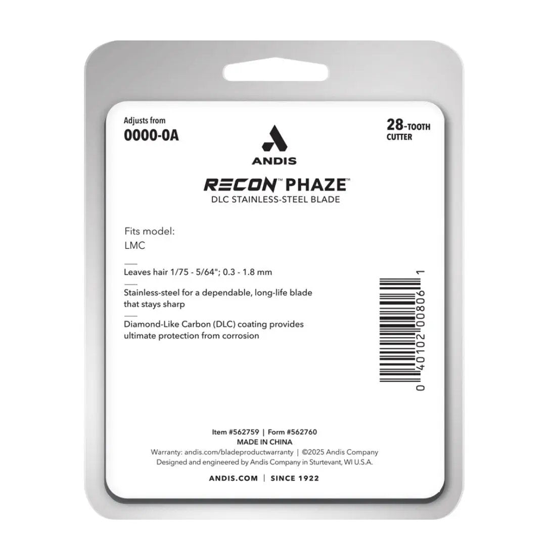 Andis Recon Phaze blade packaging with product details on a white background
