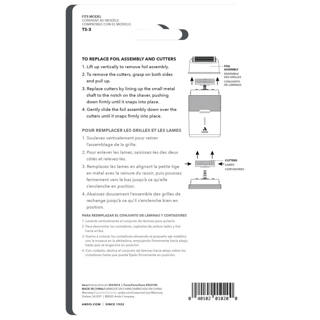 Instructions for replacing foil assembly and cutters on a shaver model TS-3, with text in multiple languages.