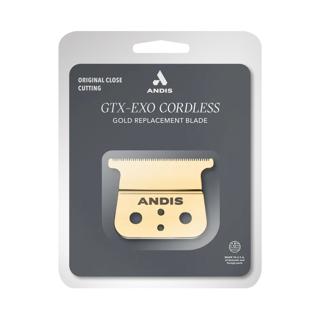 Andis GTX-EXO cordless trimmer fitted with gold shallow tooth blade