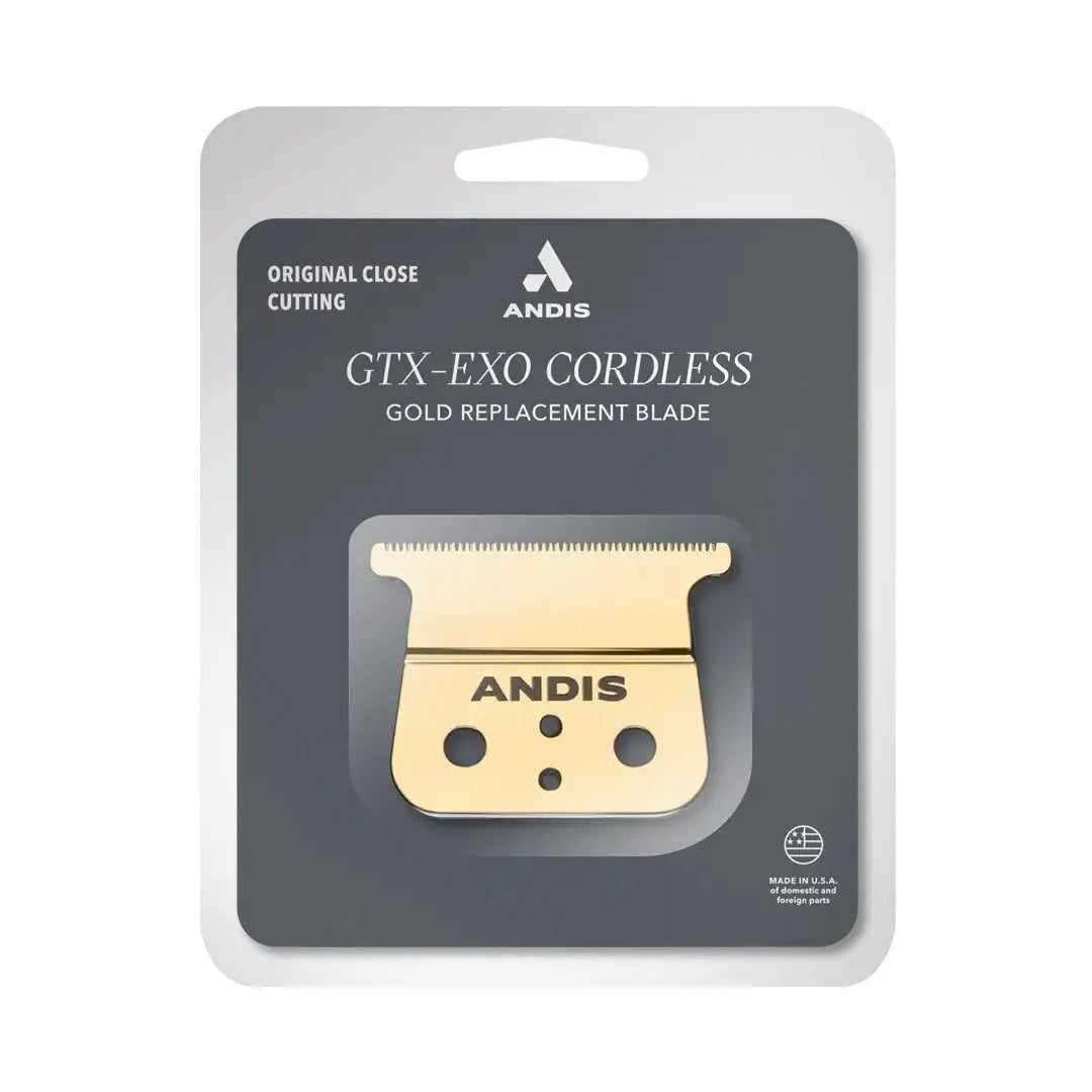 Andis GTX-EXO cordless trimmer fitted with gold shallow tooth blade