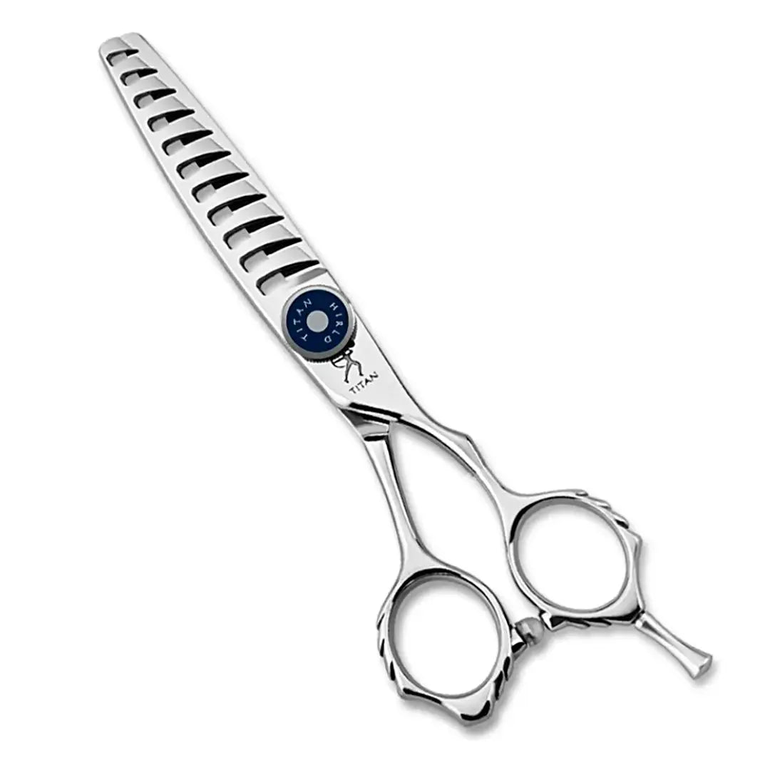 "Handmade Japan VG10 Thinning Shears (6”) featuring a Royal Blue tension knob and micro-cut hair technology"