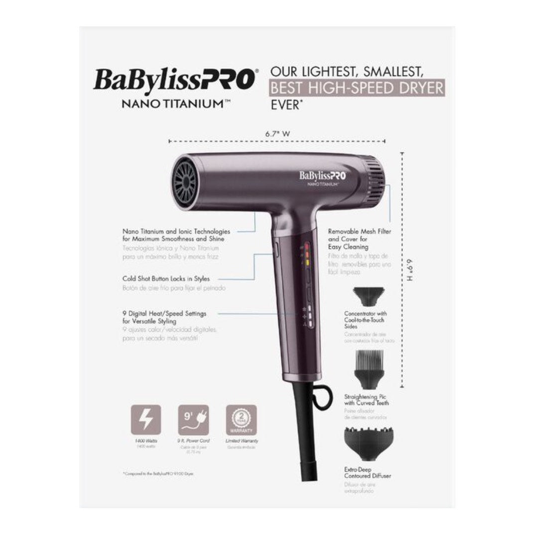 BaBylissPRO Nano Titanium Nightfall High-Speed Dryer | Lightweight Ionic