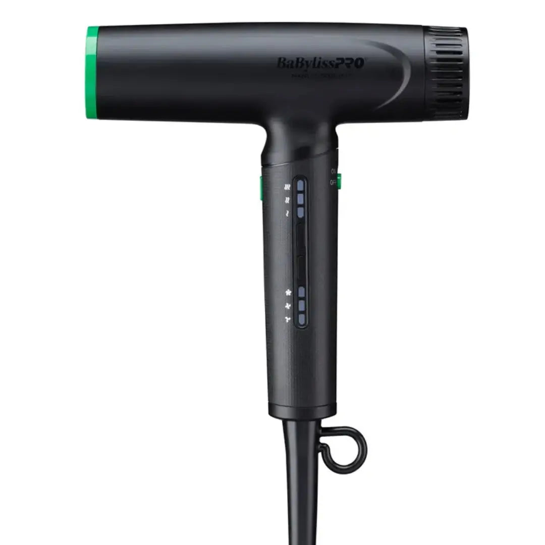 "High-speed ionic dryer in black and green with concentrator nozzle and styling pick"