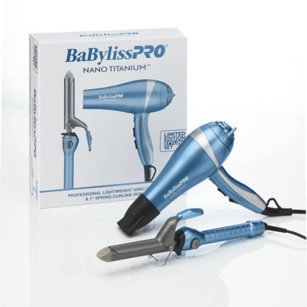 BaBylissPRO Nano Titanium 2000 W Ionic Dryer + 1″ Curling Iron Set