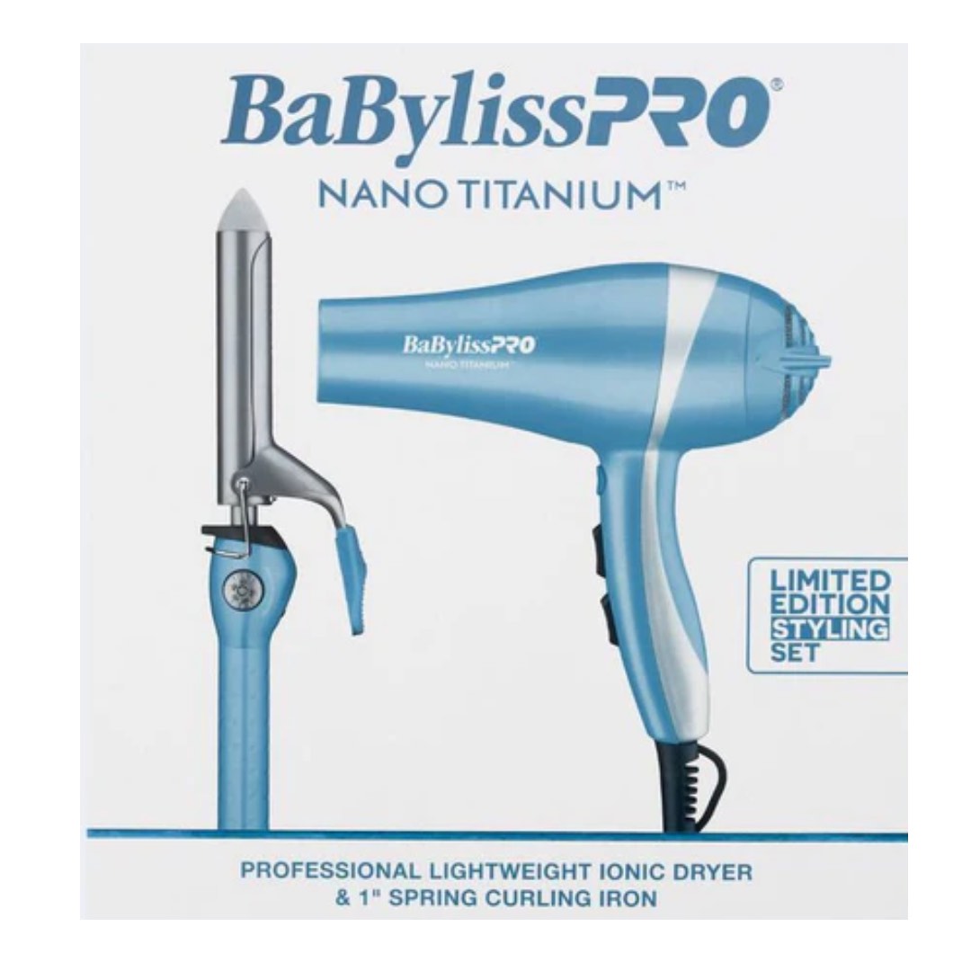BaBylissPRO Nano Titanium 2000 W Ionic Dryer + 1″ Curling Iron Set