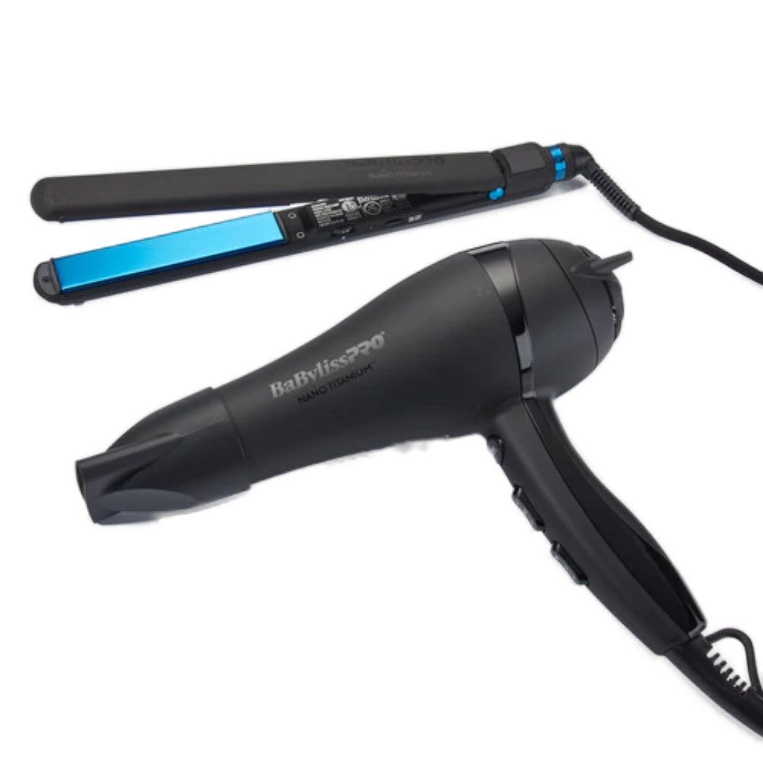 BaBylissPRO Matte-Black Nano Titanium Dryer + 1″ Ultra-Thin Iron