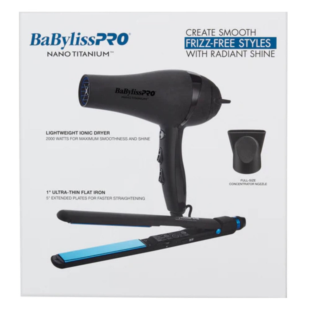 BaBylissPRO Matte-Black Nano Titanium Dryer + 1″ Ultra-Thin Iron
