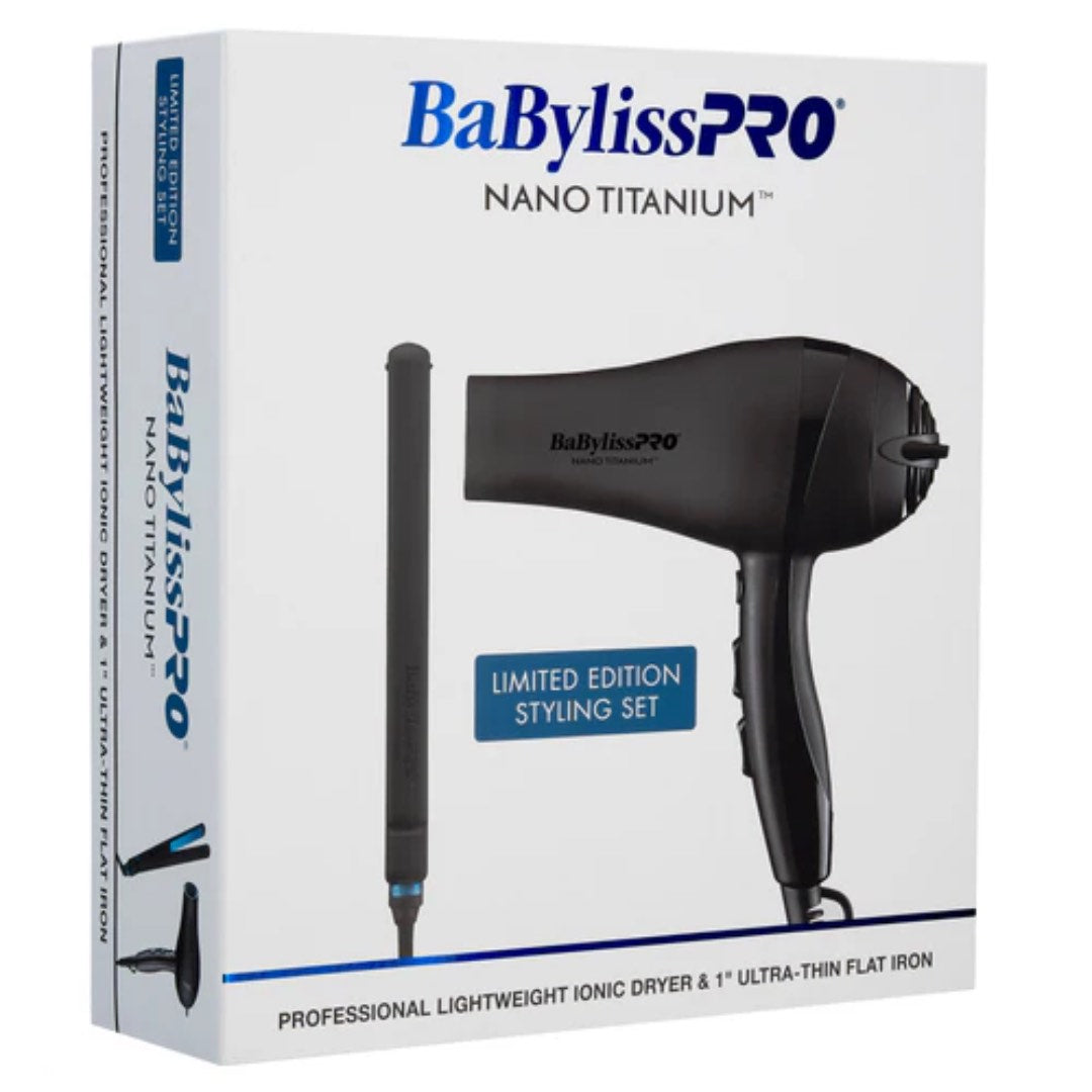 BaBylissPRO Matte-Black Nano Titanium Dryer + 1″ Ultra-Thin Iron