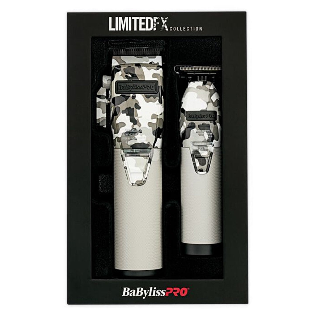“BaBylissPRO LimitedFX camo clipper and trimmer set on barber station.”
