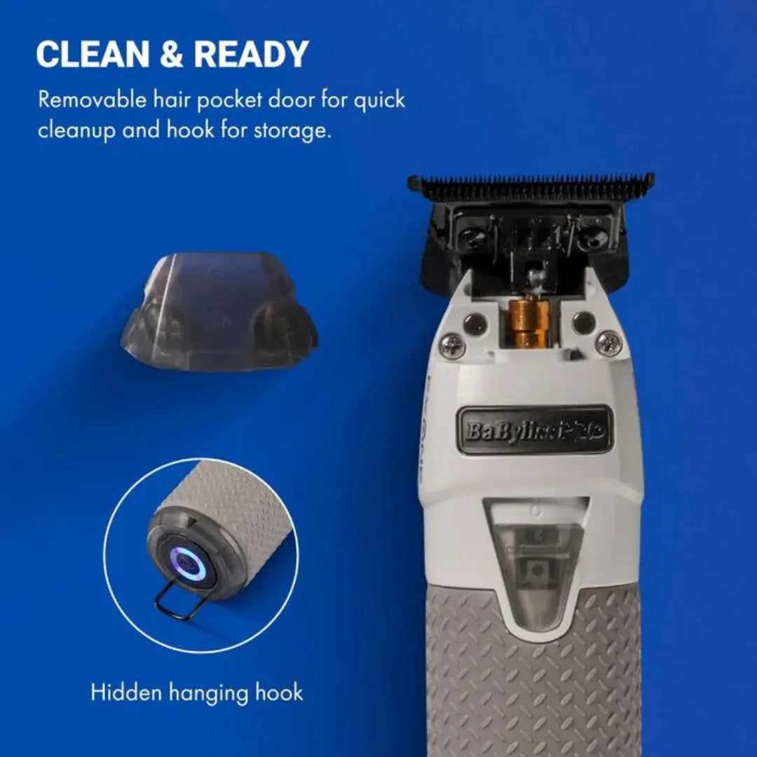 BaBylissPRO FXONE Trimmer Frostbyte Limited Edition Hair trimmer with features highlighted on a blue background