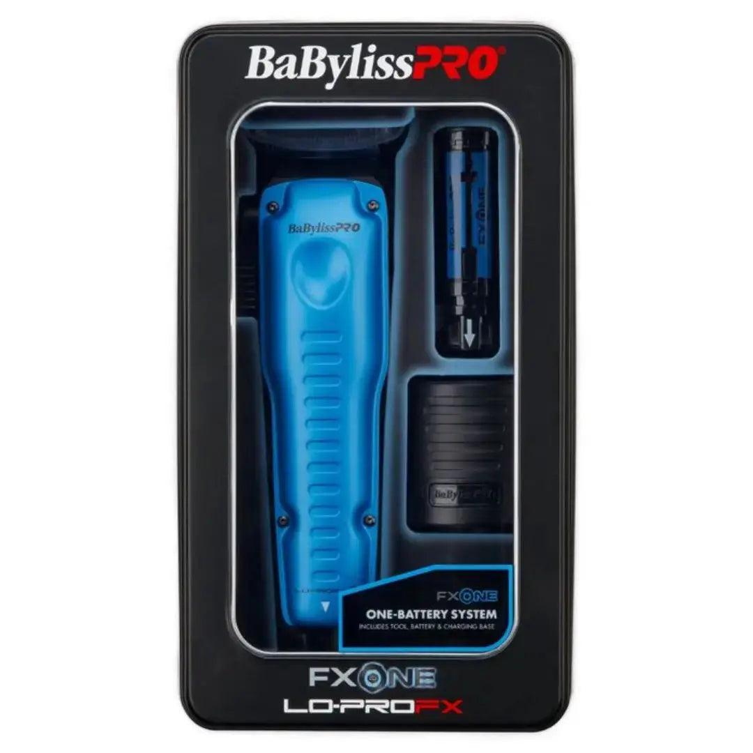 “Interchangeable FXONE lithium battery with LED ring next to Lo-ProFX clipper and comb guards.”