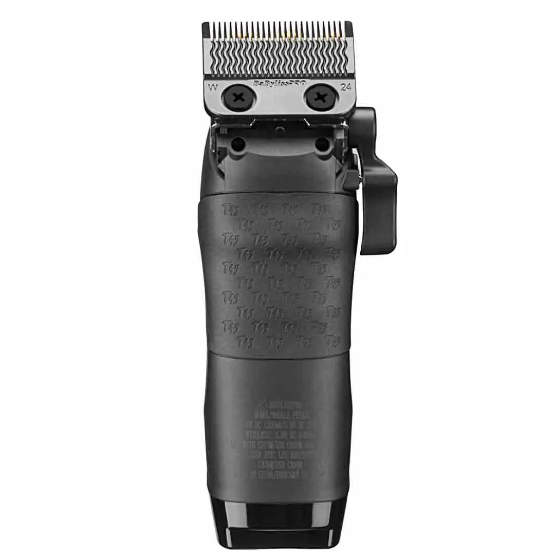 "Reverse angle showcasing the brand logos and ergonomic contours of the BabylissPRO x Tomb45 Clipper."