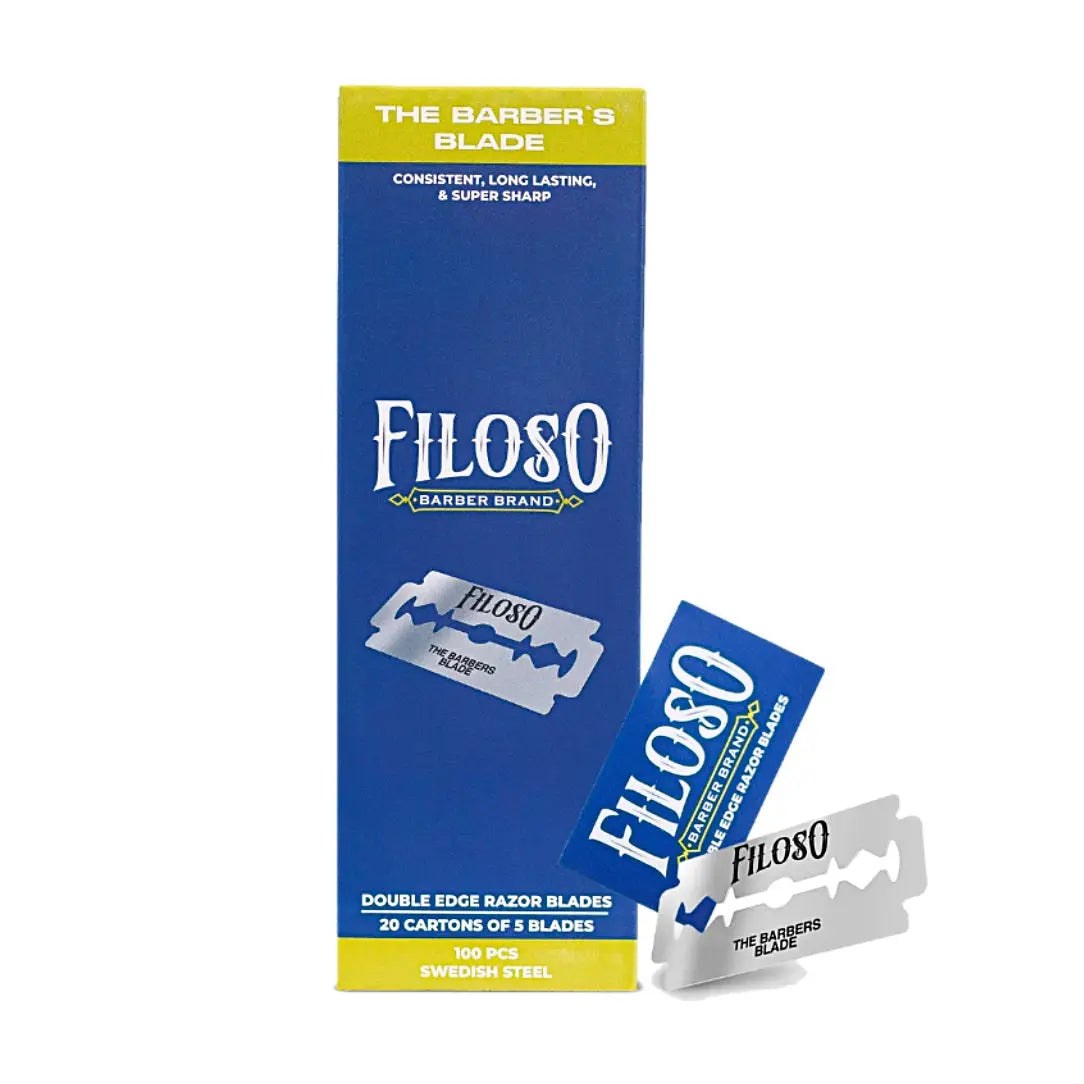 Packaging of Filoso double edge razor blades with a blue and yellow design.