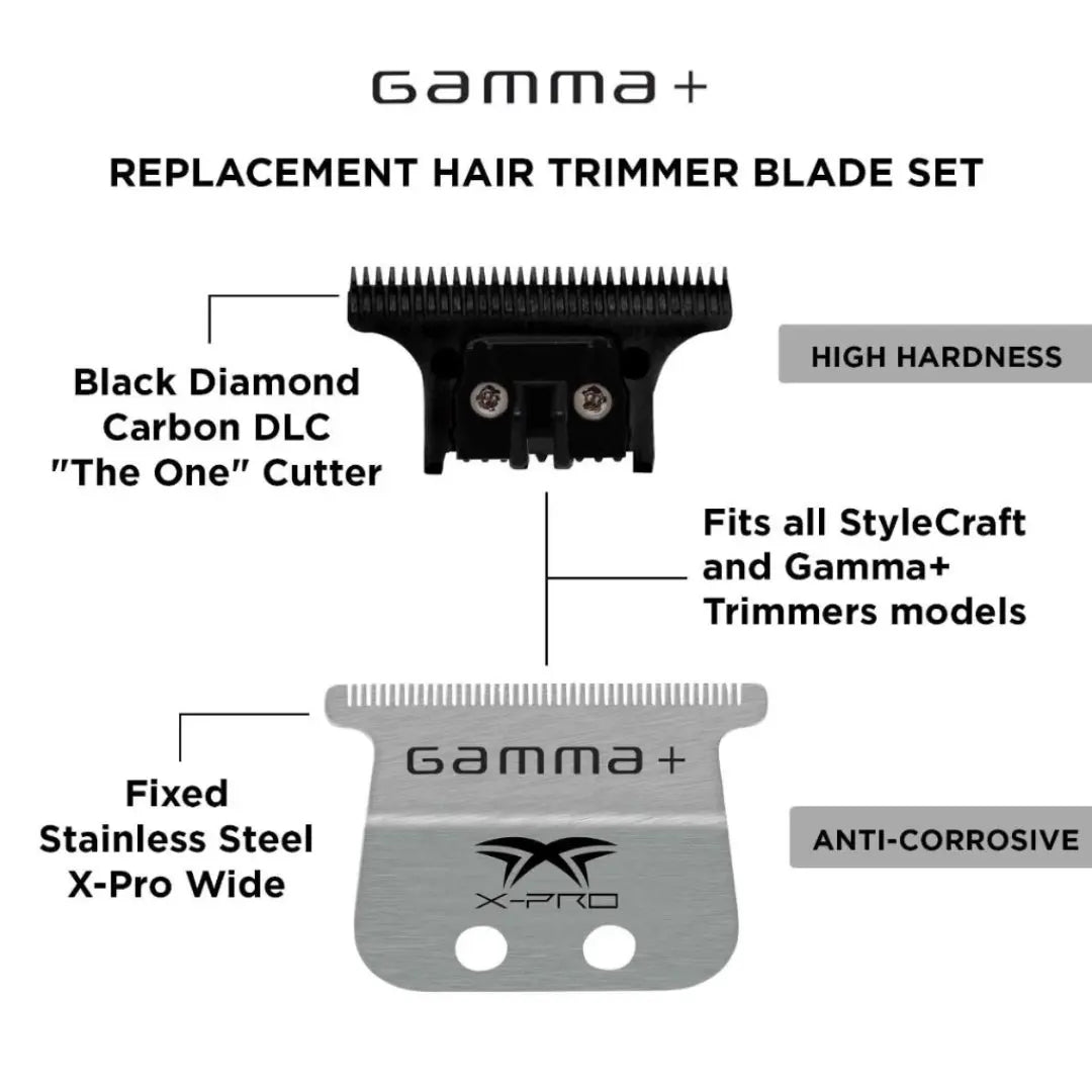X-pro wide stainless steel with black diamond carbon DLC The One cutting trimmer blade set - BUYBARBER.COM