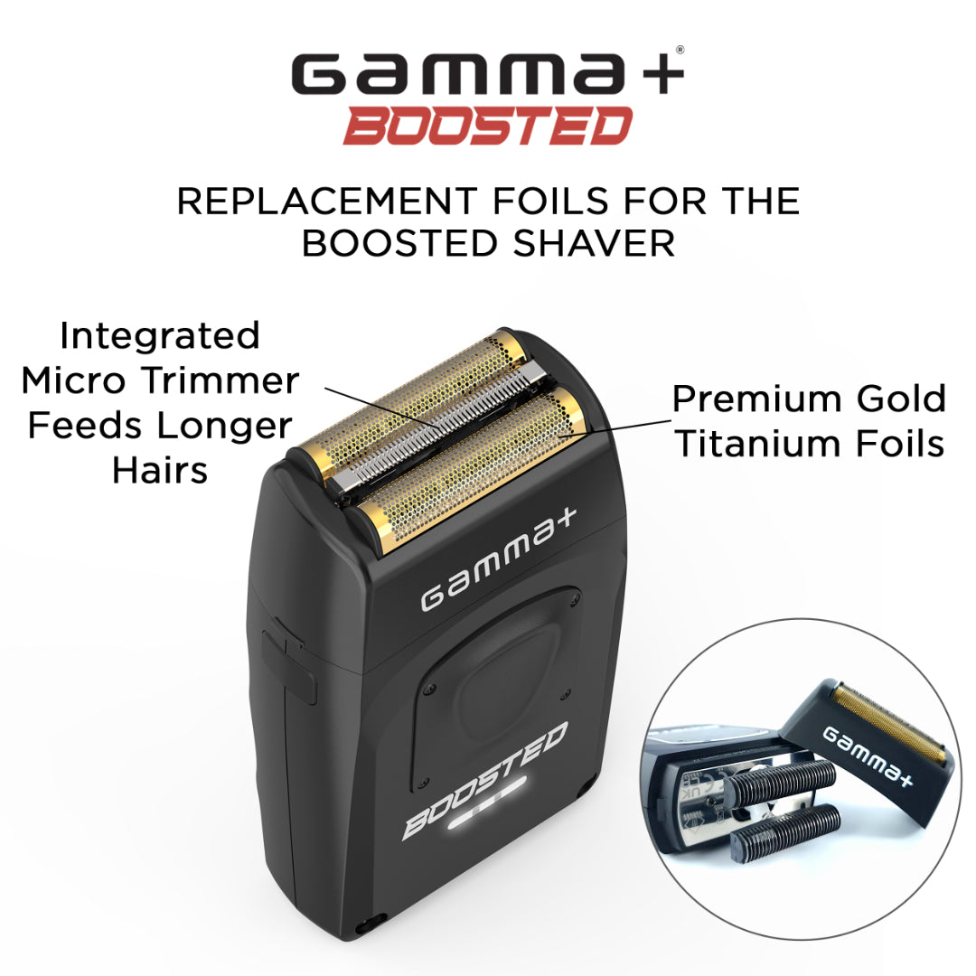 “Close‑up of ultra‑thin gold foil and built‑in trimmer blade for super‑close shaving”
